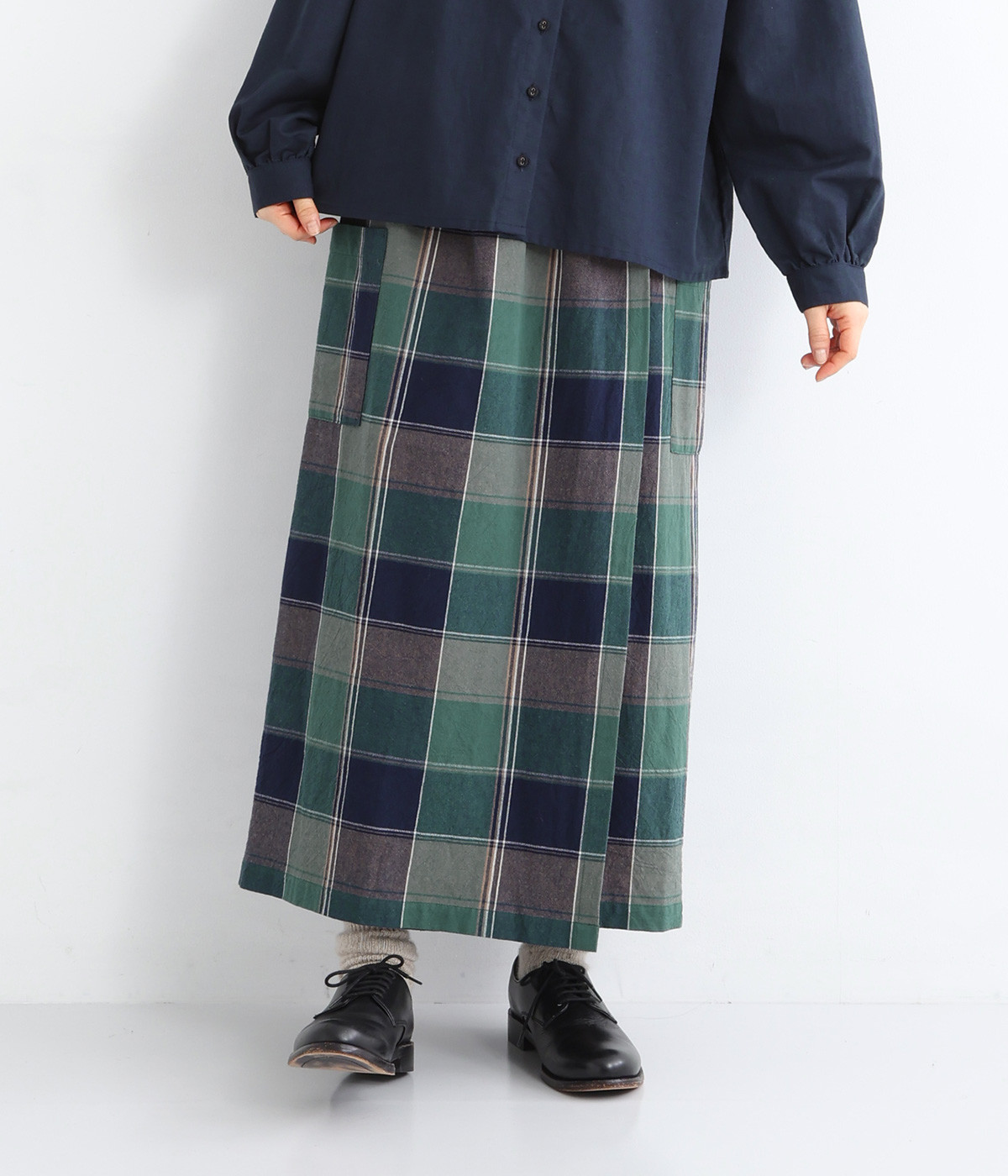 コットンチェックラップパンツ(ネイビー×グリーンチェック-ONESIZE)