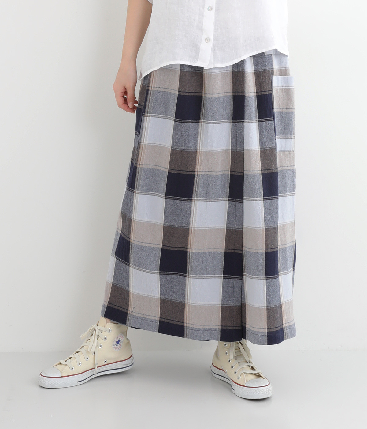 コットンチェックラップパンツ(オフ×ネイビーチェック-ONESIZE)