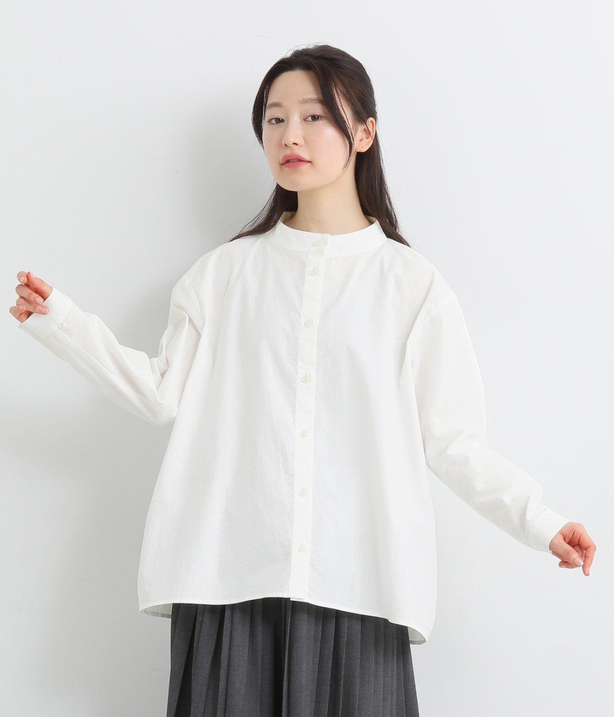 コットンリネンちびハイネックバックフレアブラウス(オフ-ONESIZE)