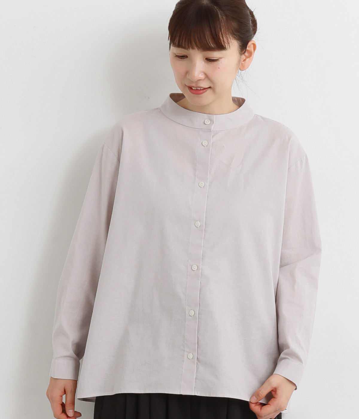 コットンリネンちびハイネックバックフレアブラウス(ピンク-ONESIZE)