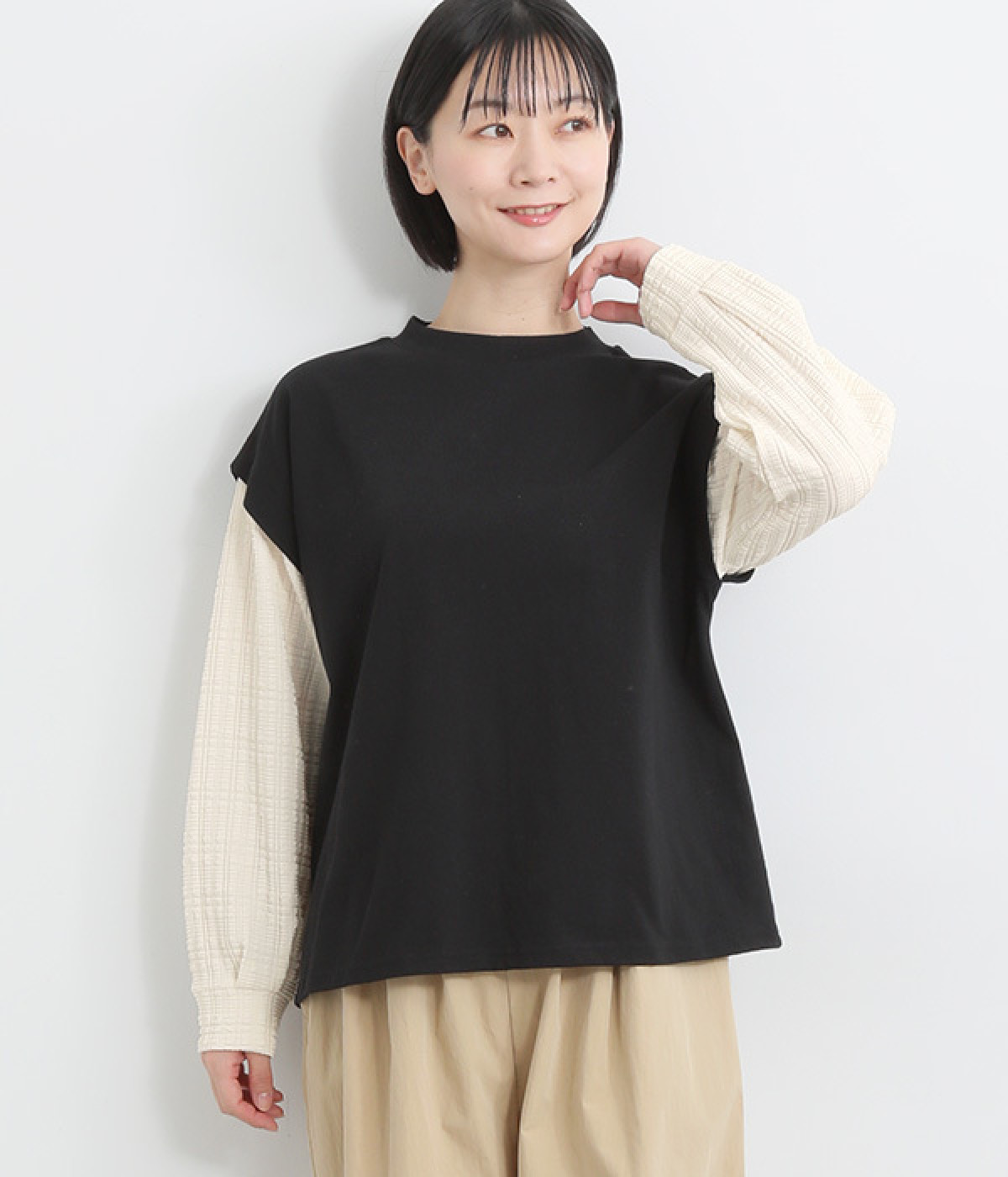 異素材切替タックスリーブプルオーバー(クロ×オフ-ONESIZE)
