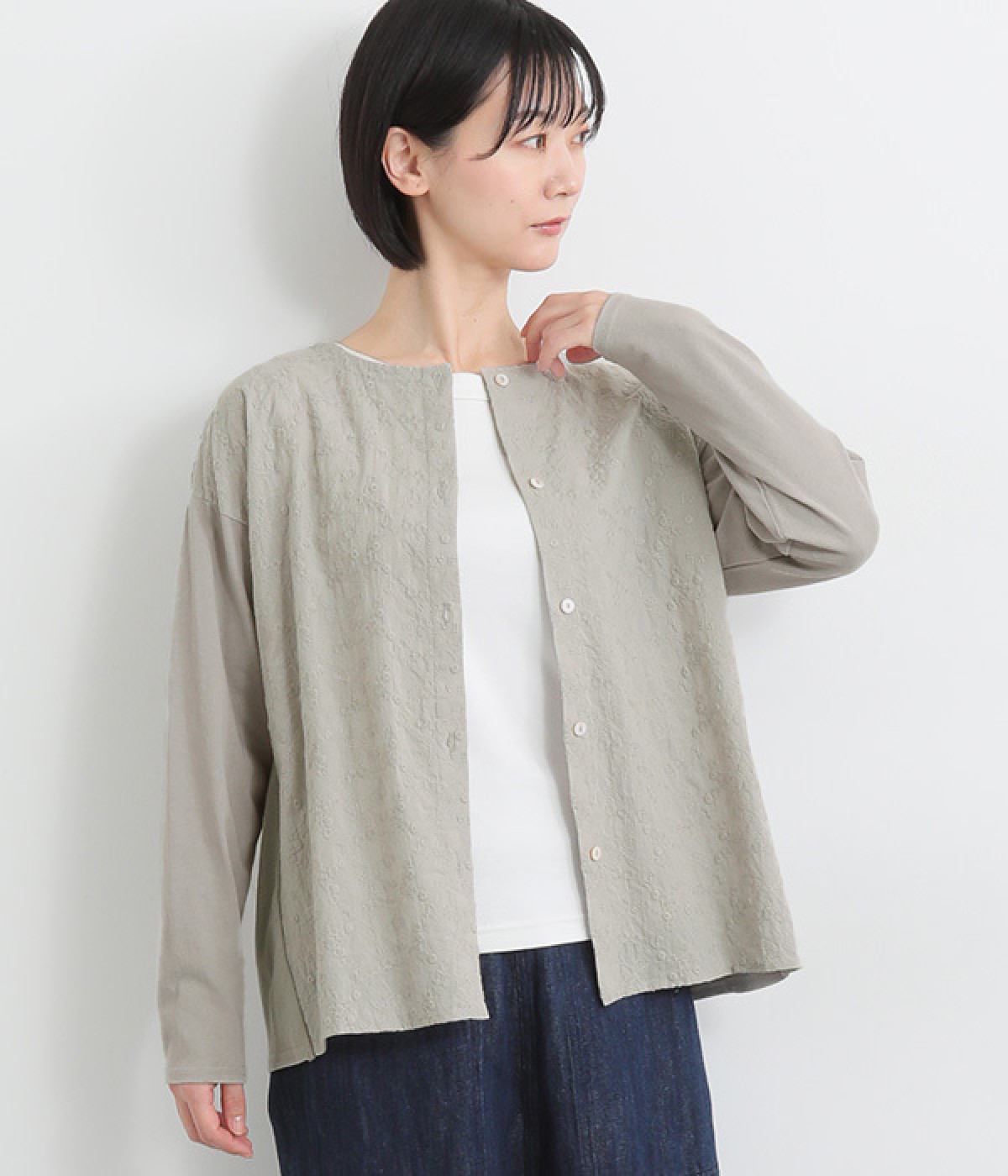 コットン総刺繍切替前開きブラウス(グレー-ONESIZE)
