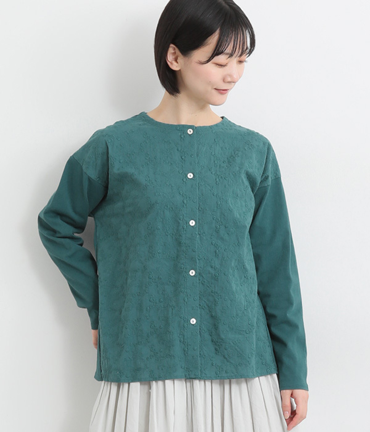 コットン総刺繍切替前開きブラウス(インクブルー-ONESIZE)