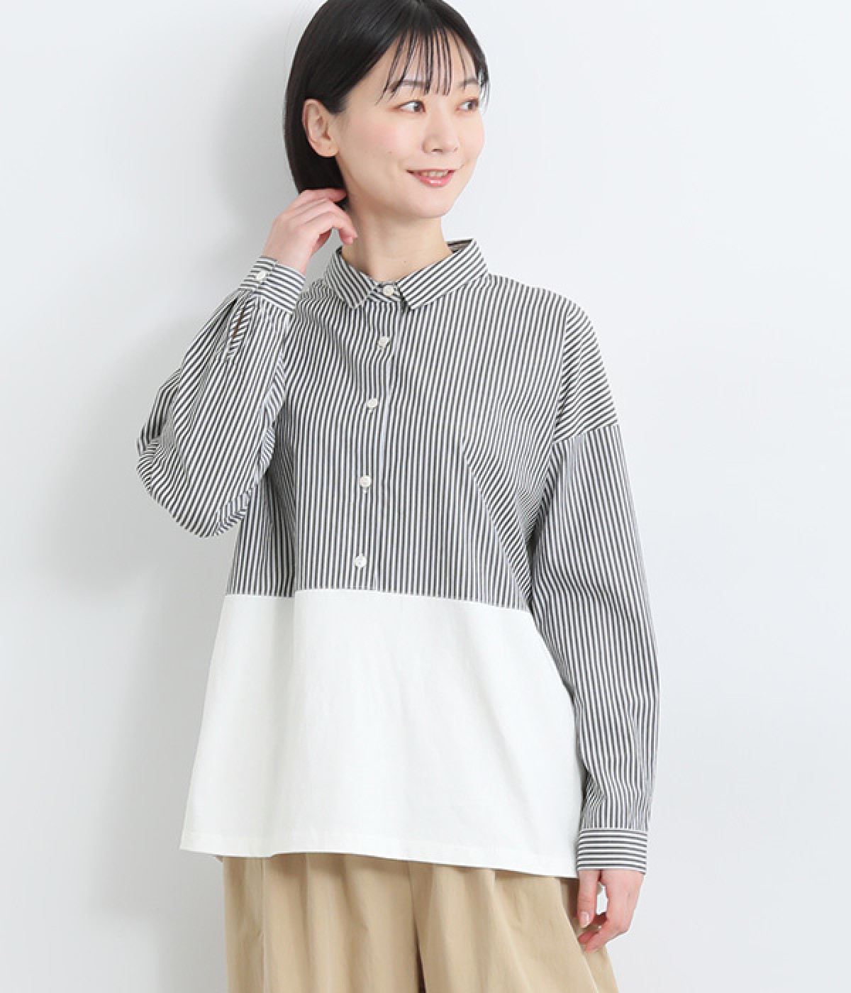 ストライプ切替コクーンプルオーバー(オフ×オフストライプ-ONESIZE)
