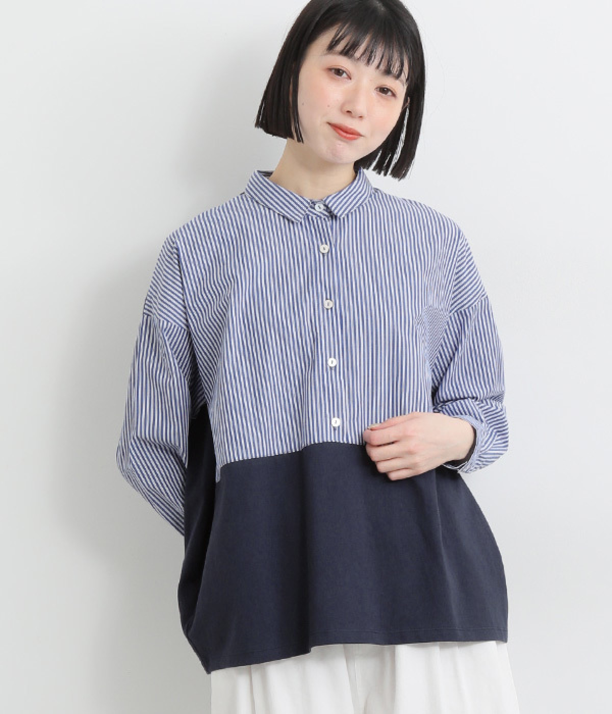 ストライプ切替コクーンプルオーバー(ネイビー×ネイビーストライプ-ONESIZE)