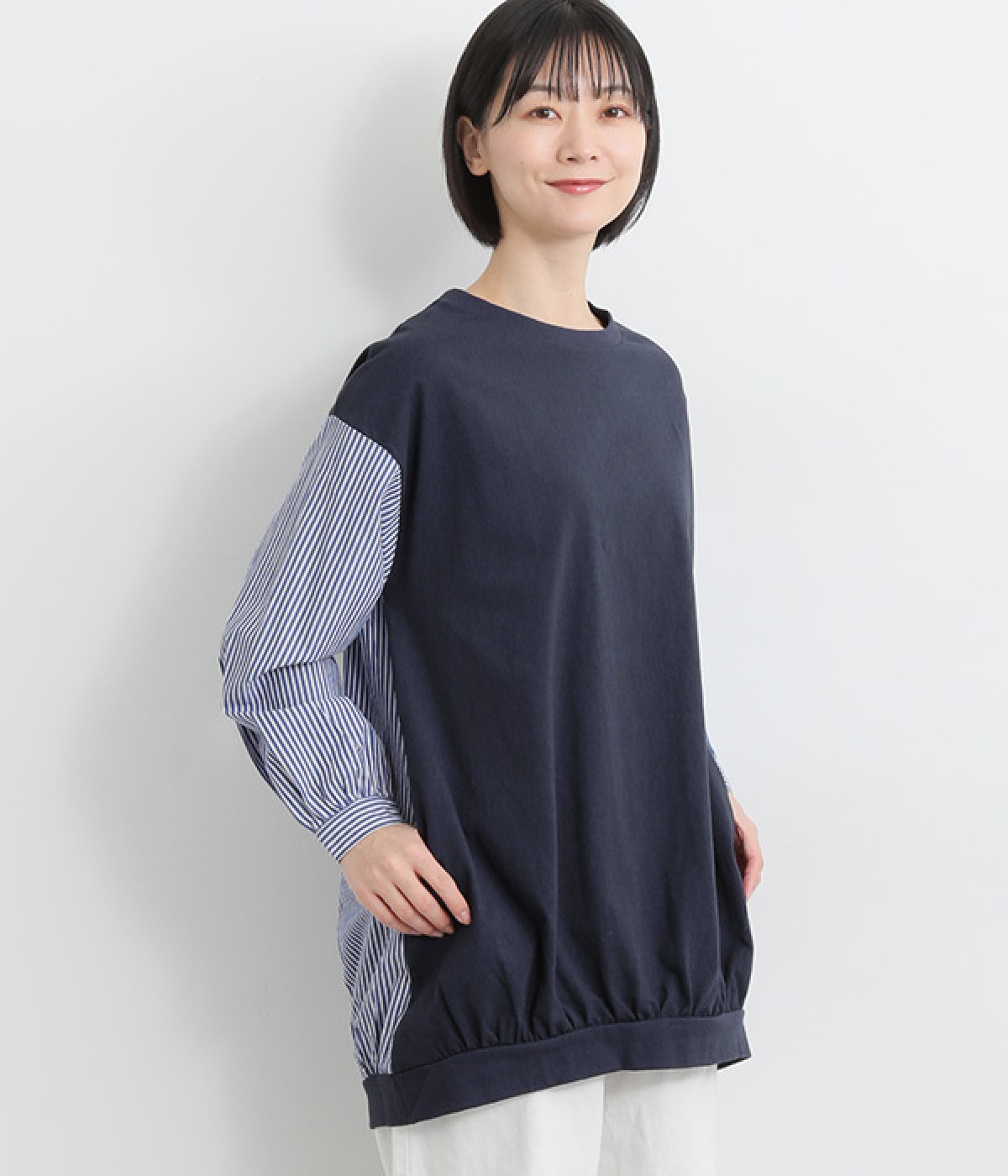 ストライプ切替ギャザーチュニック(ネイビー×ネイビーストライプ-ONESIZE)