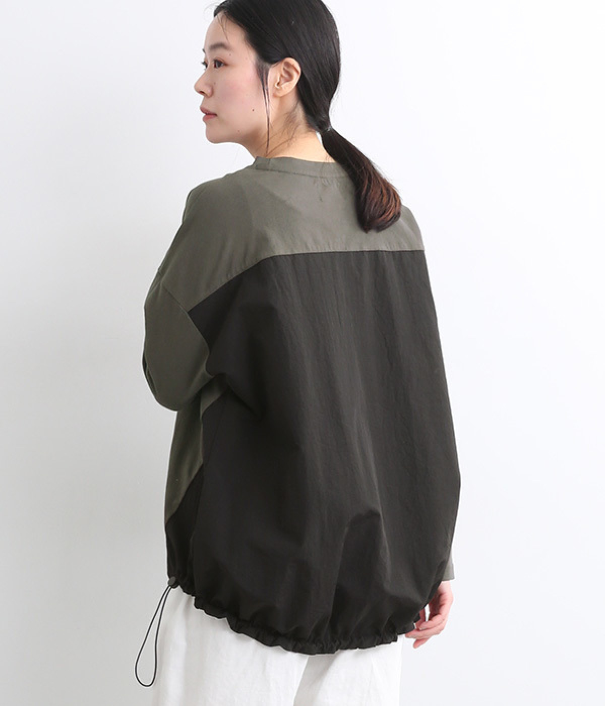 異素材切替裾バルーンチュニック(チャコール×クロ-ONESIZE)