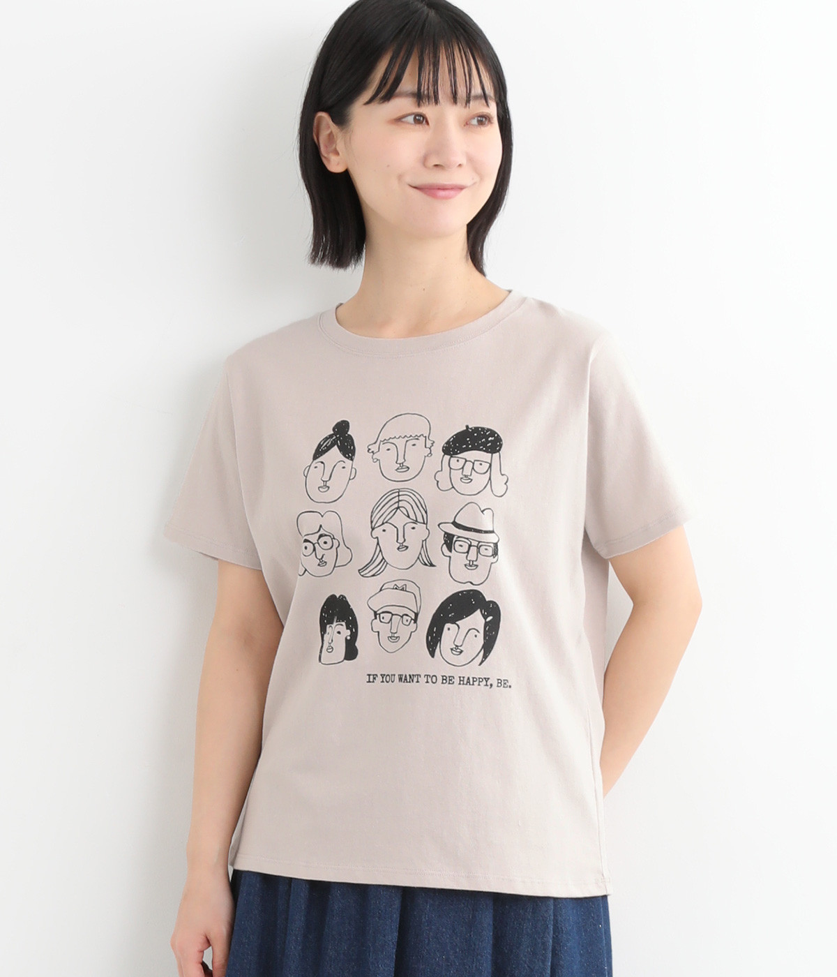 コットン天竺顔イラストプリントTEE(グレージュ-ONESIZE)