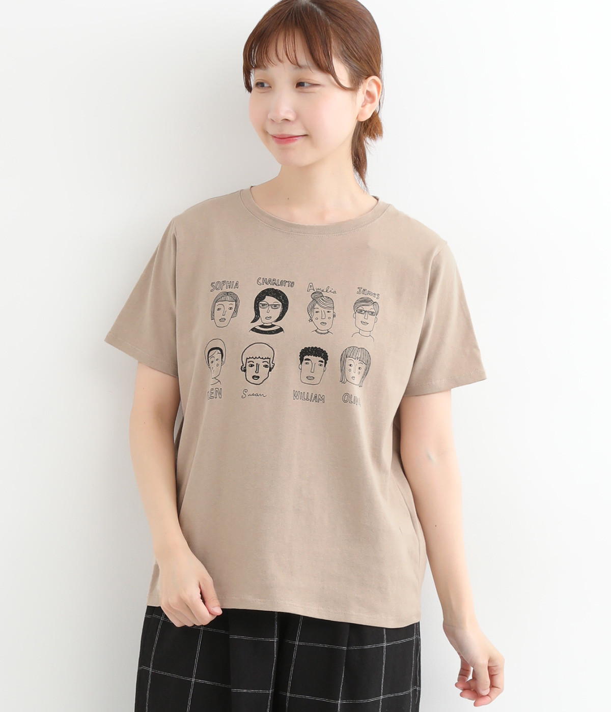 コットン天竺全員集合プリントTシャツ(グレージュ-ONESIZE)