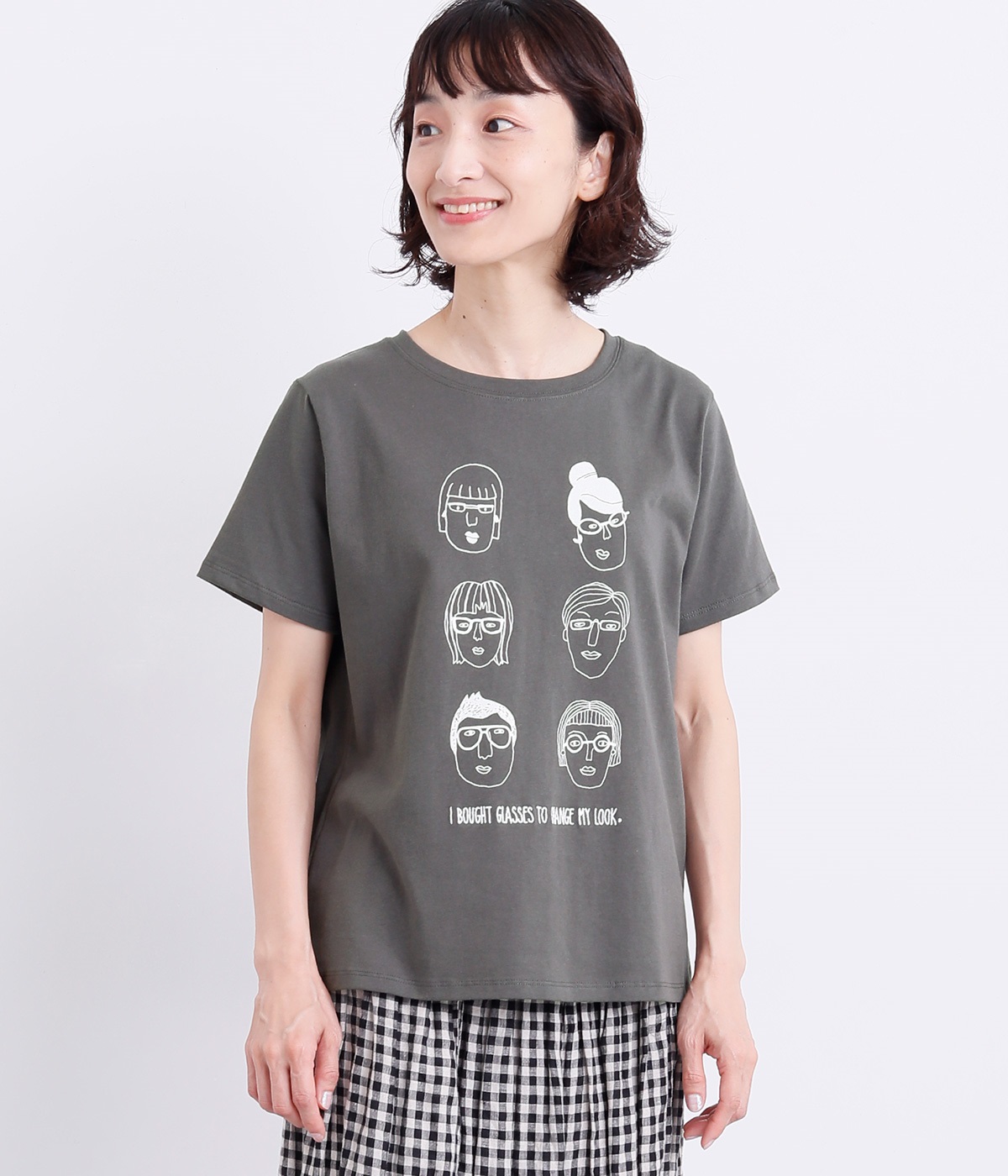 コットン天竺メガネっ子集合プリントTEE(チャコール-ONESIZE)