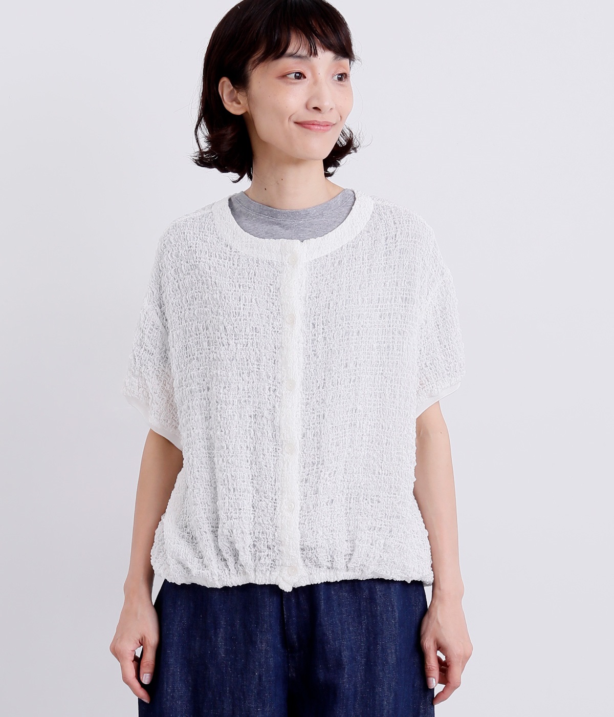 ぽこぽこギャザー前開きカーディガン(オフ-ONESIZE)