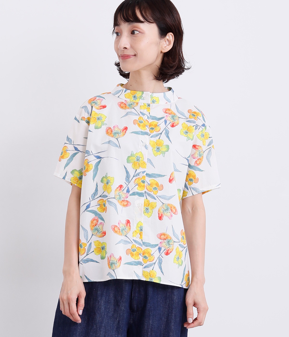 コットン水彩花柄ちびハイネックブラウス(オレンジ-ONESIZE)