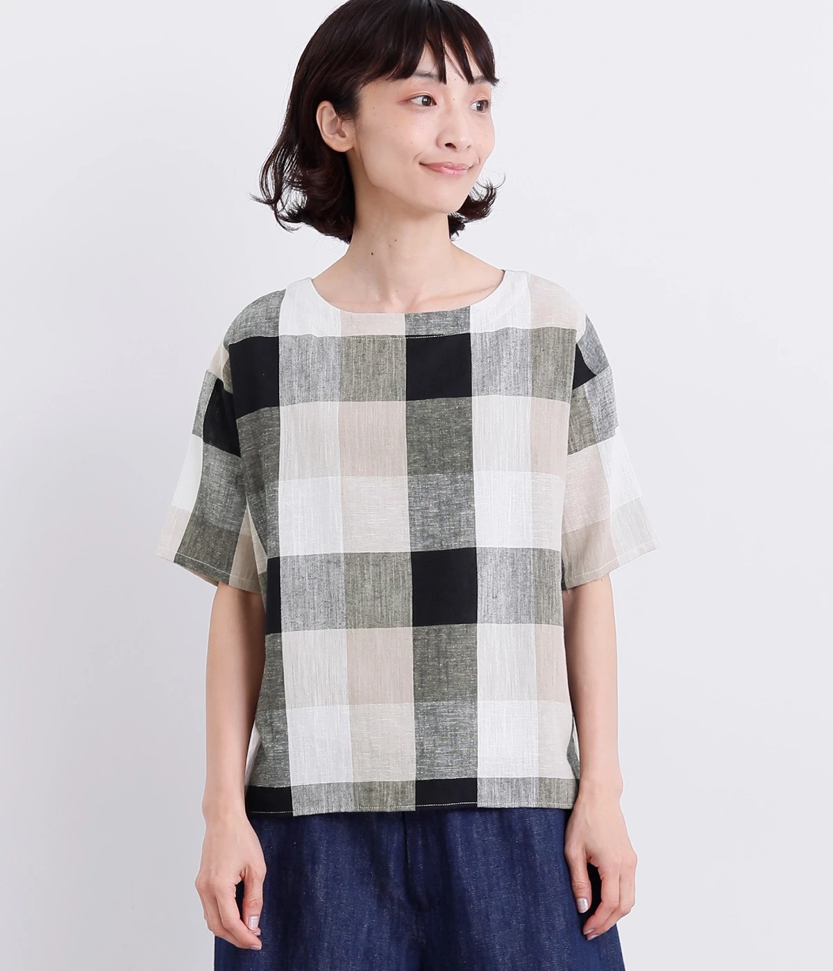 コットンCHECK柄Tブラウス(クロ-ONESIZE)