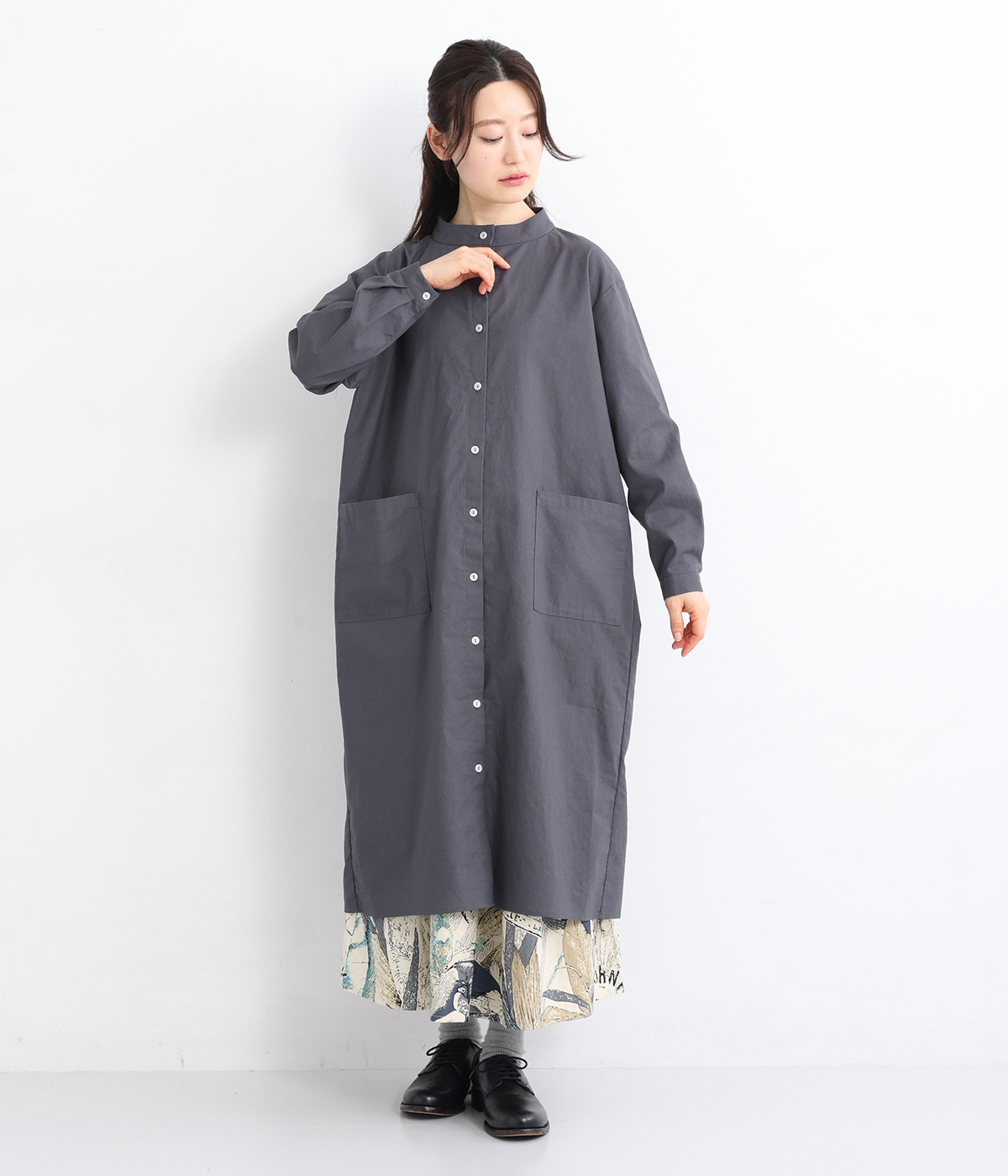 コットンリネンちびハイネックワンピース(チャコール-ONESIZE)