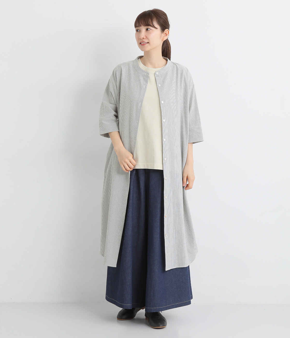 裾ラウンド前開きワンピース(クロストライプ-ONESIZE)