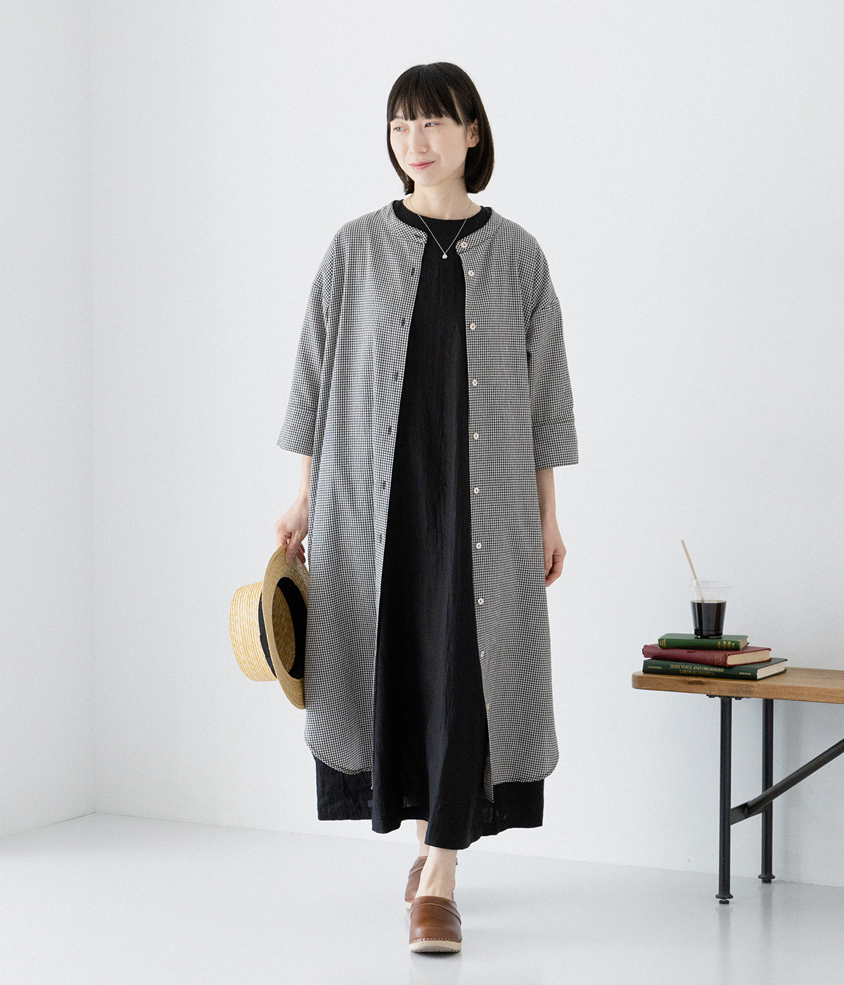 裾ラウンド前開きワンピース(クロギンガム-ONESIZE)