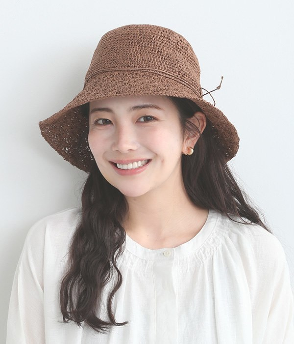 細編みブリム　柄編みペーパーHAT(ブラウン-ONESIZE)