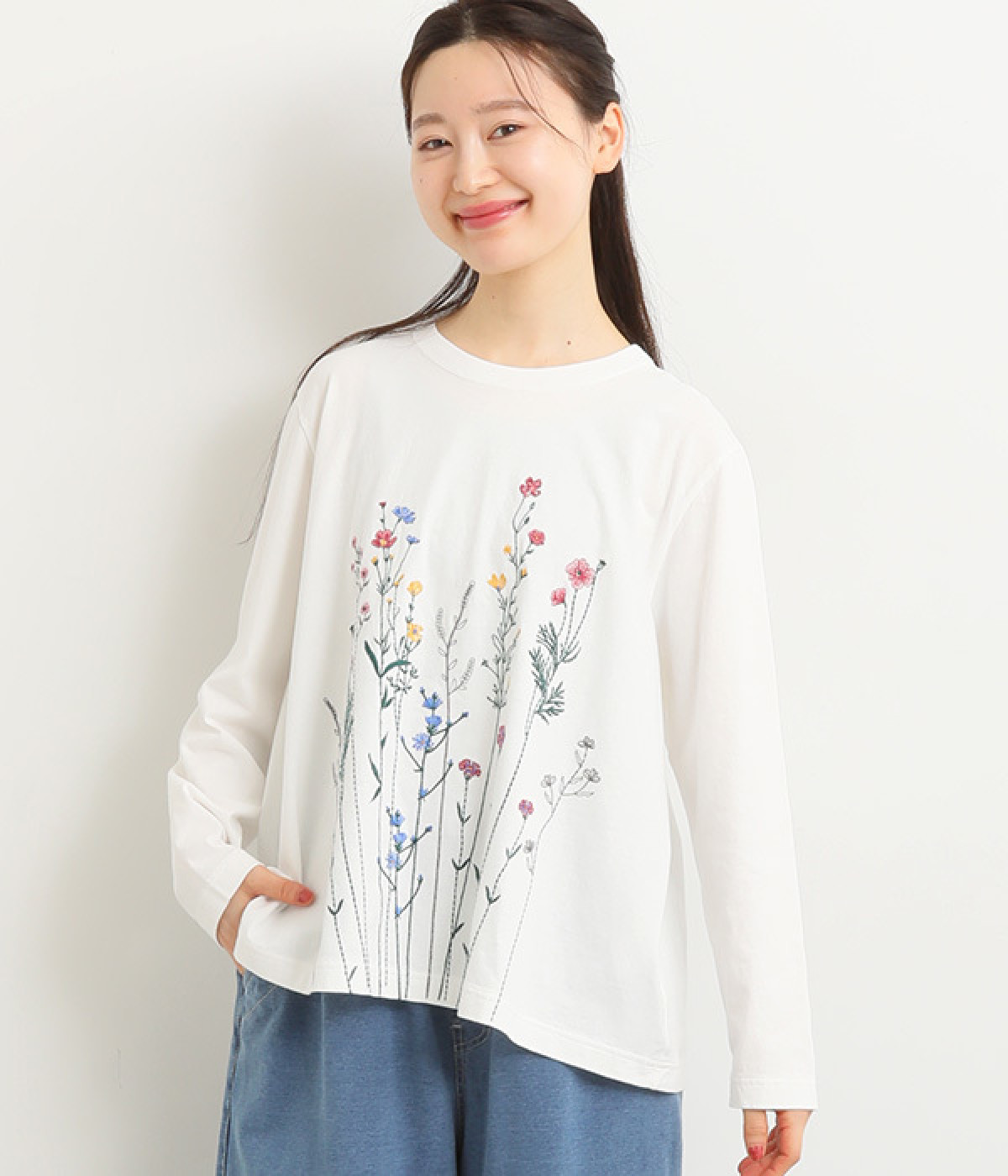 21番手OE天竺ブルーミングフラワー刺繍ロングスリーブカットソー(オフホワイト-ONESIZE)