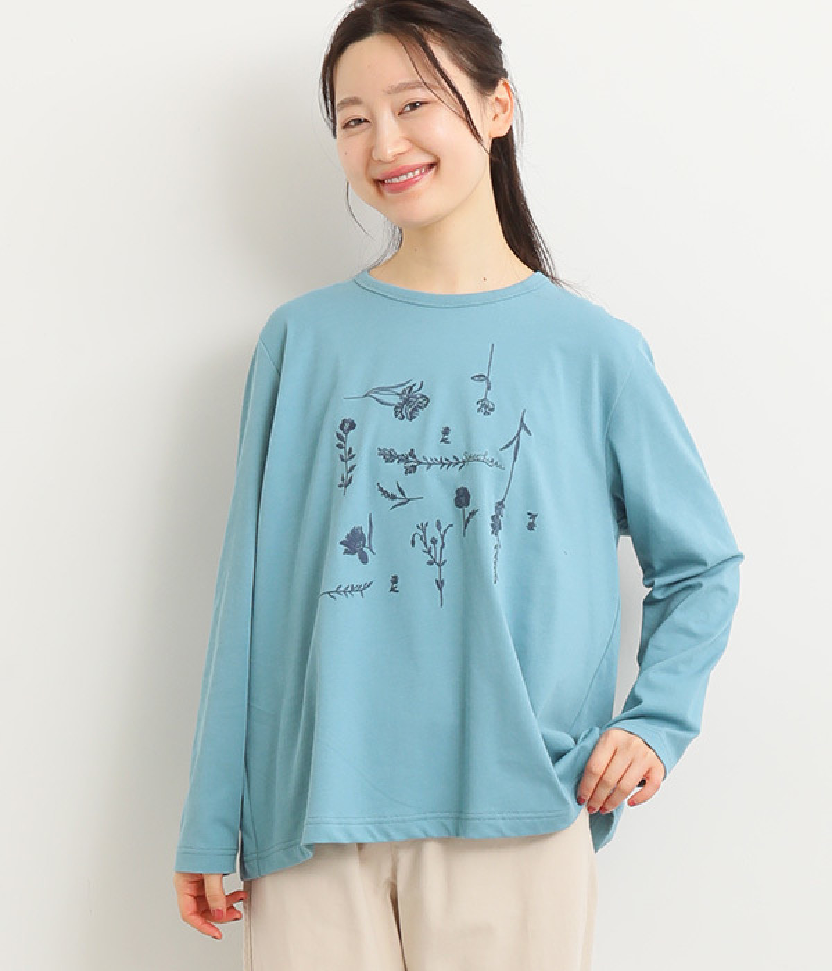 40番手プレーティング天竺ウォールフラワー刺繍ロングスリーブカットソー(ブルー-ONESIZE)