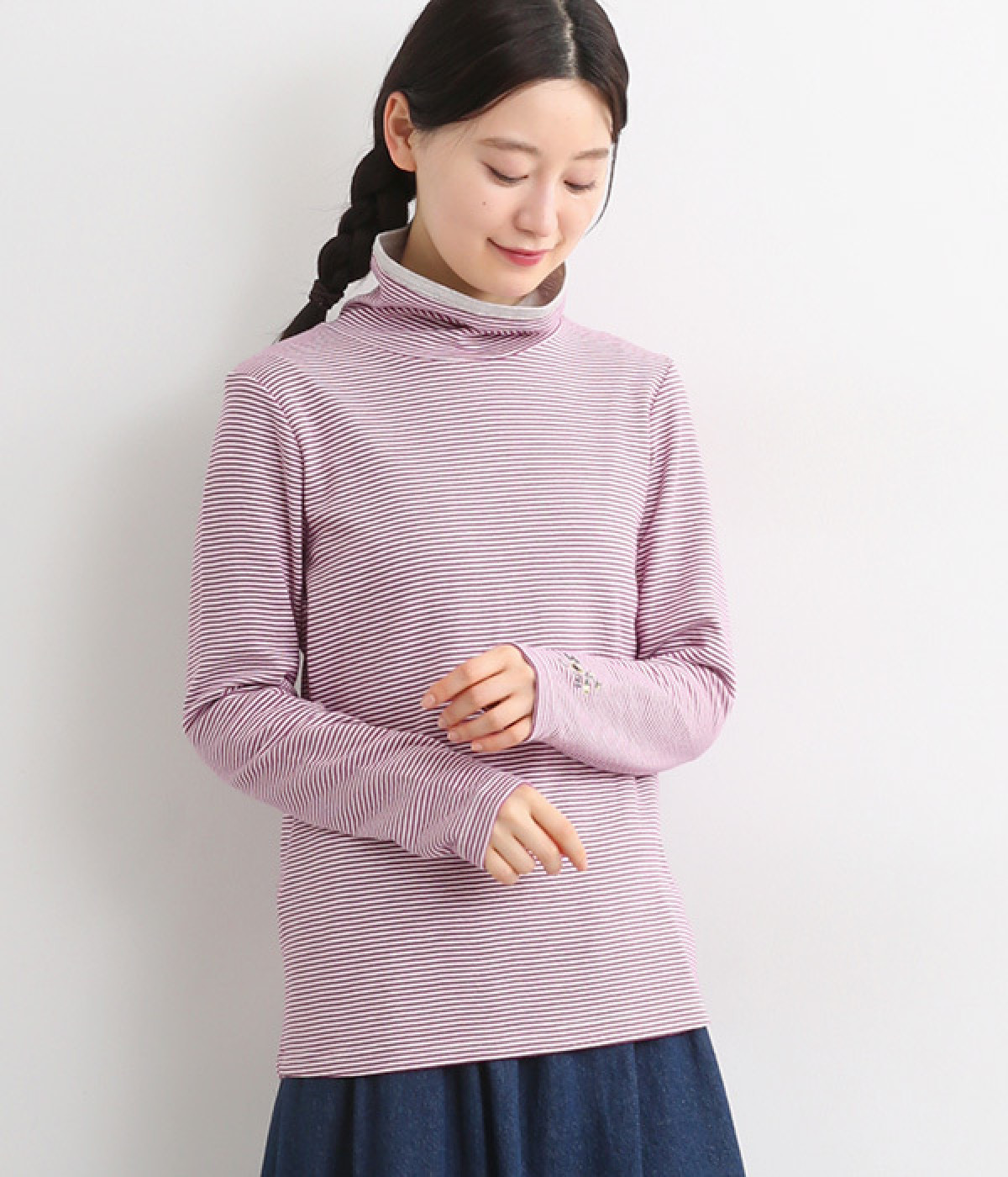 接結ボーダーフラワーワンポイント刺繍タートルカットソー(ピンク/杢グレー-ONESIZE)