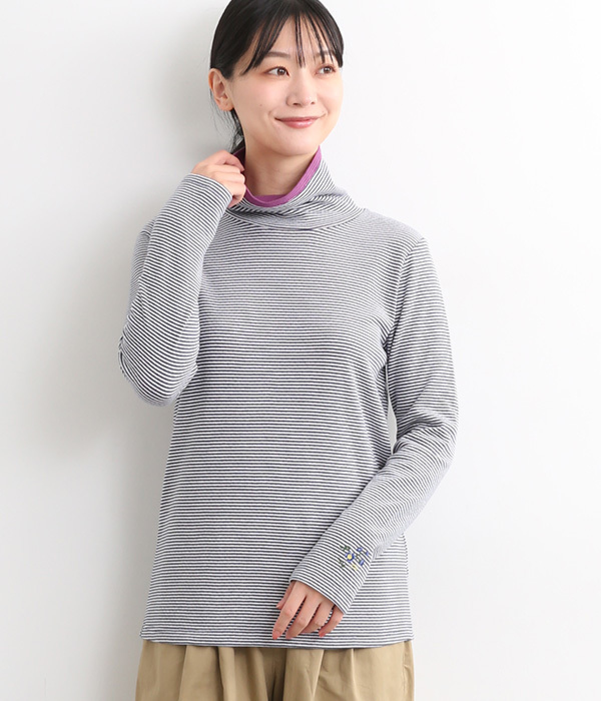 接結ボーダーフラワーワンポイント刺繍タートルカットソー(ネイビー/ピンク-ONESIZE)