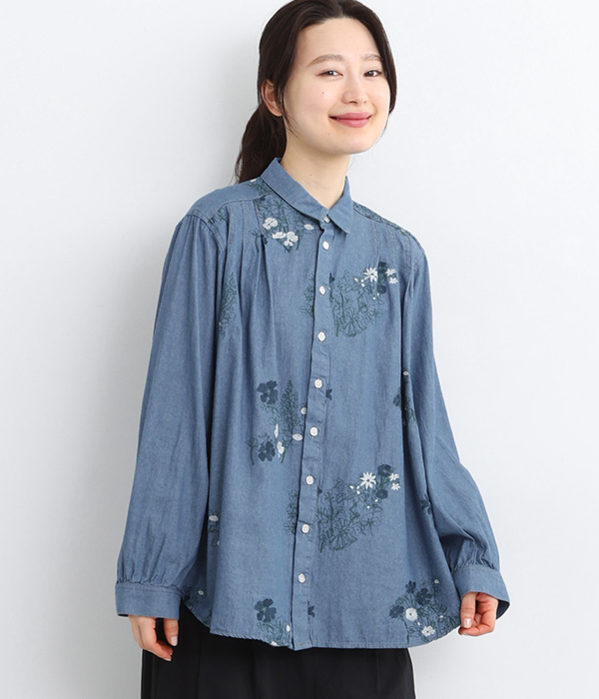 ライトオンスデニム フラワーガーデン刺繍シャツブラウス(ブルー-ONESIZE)