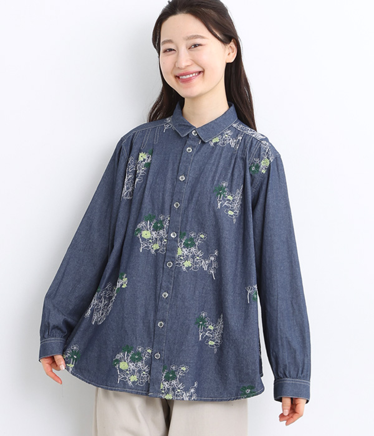 ライトオンスデニム フラワーガーデン刺繍シャツブラウス(ネイビー-ONESIZE)