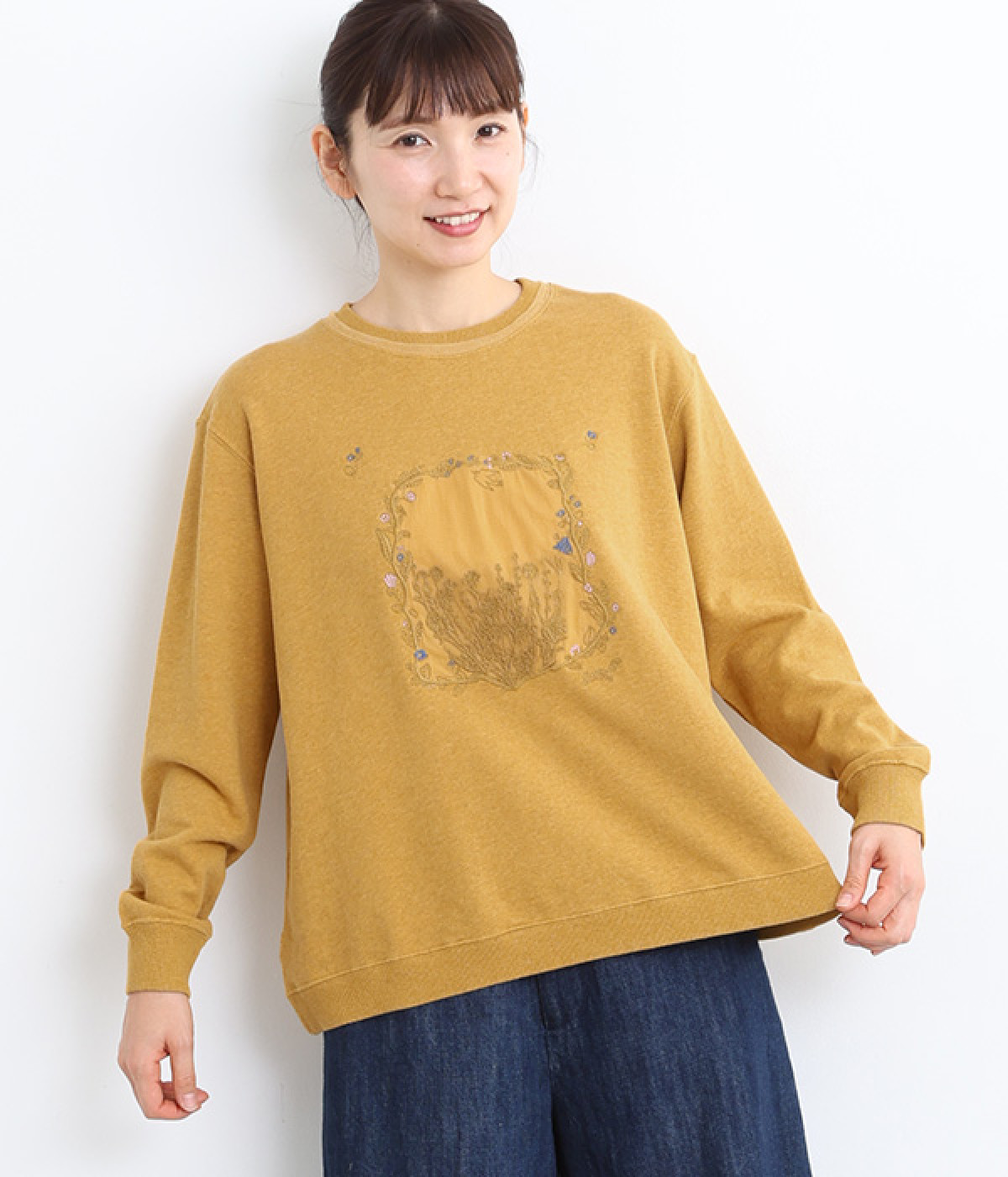 40/20裏毛×60コットンローンガーランドプチフラワー刺繍トレーナー(オレンジ-ONESIZE)