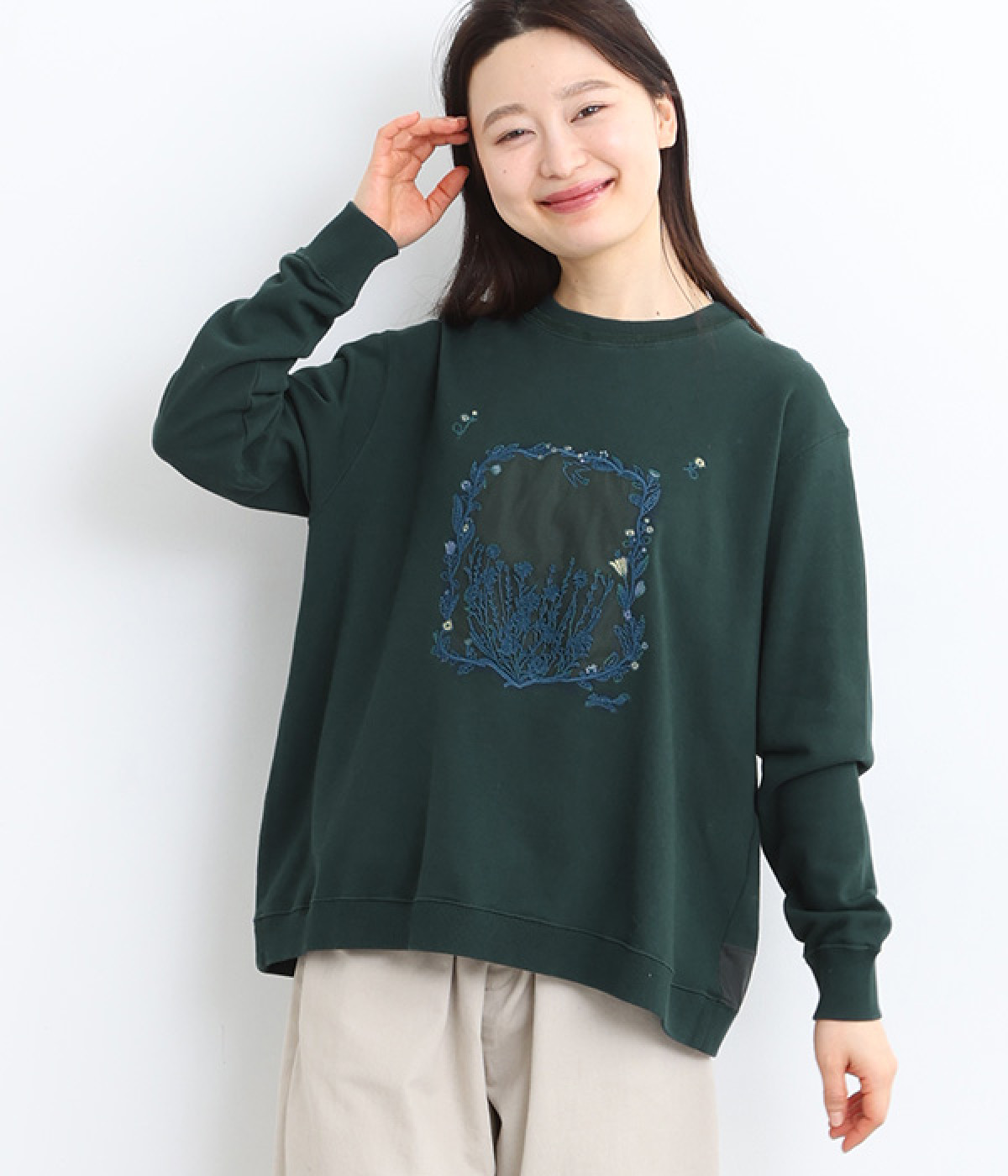 40/20裏毛×60コットンローンガーランドプチフラワー刺繍トレーナー(グリーン-ONESIZE)