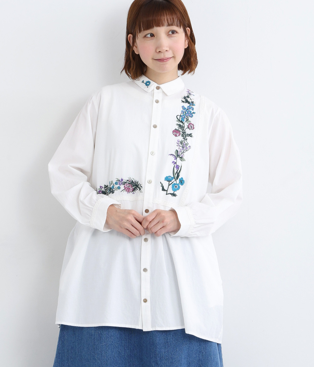 キャンブリック アンティークフレームレース刺繍チュニックシャツ(オフホワイト-ONESIZE)