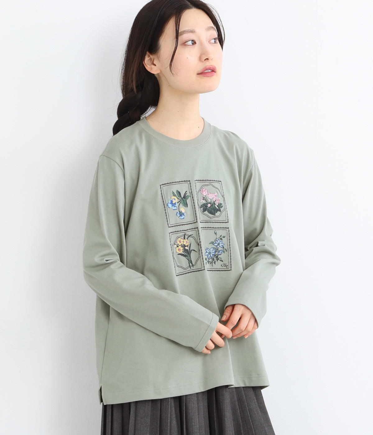 40番手プレーティング天竺ミュージアムフラワー刺繍ロングスリーブカットソー(グリーン-ONESIZE)