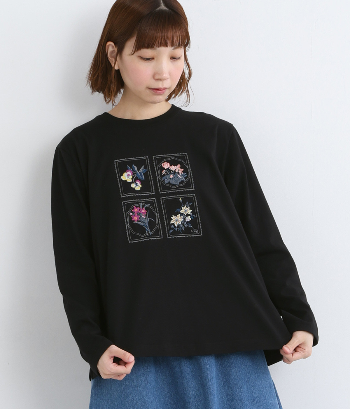 40番手プレーティング天竺ミュージアムフラワー刺繍ロングスリーブカットソー(ブラック-ONESIZE)