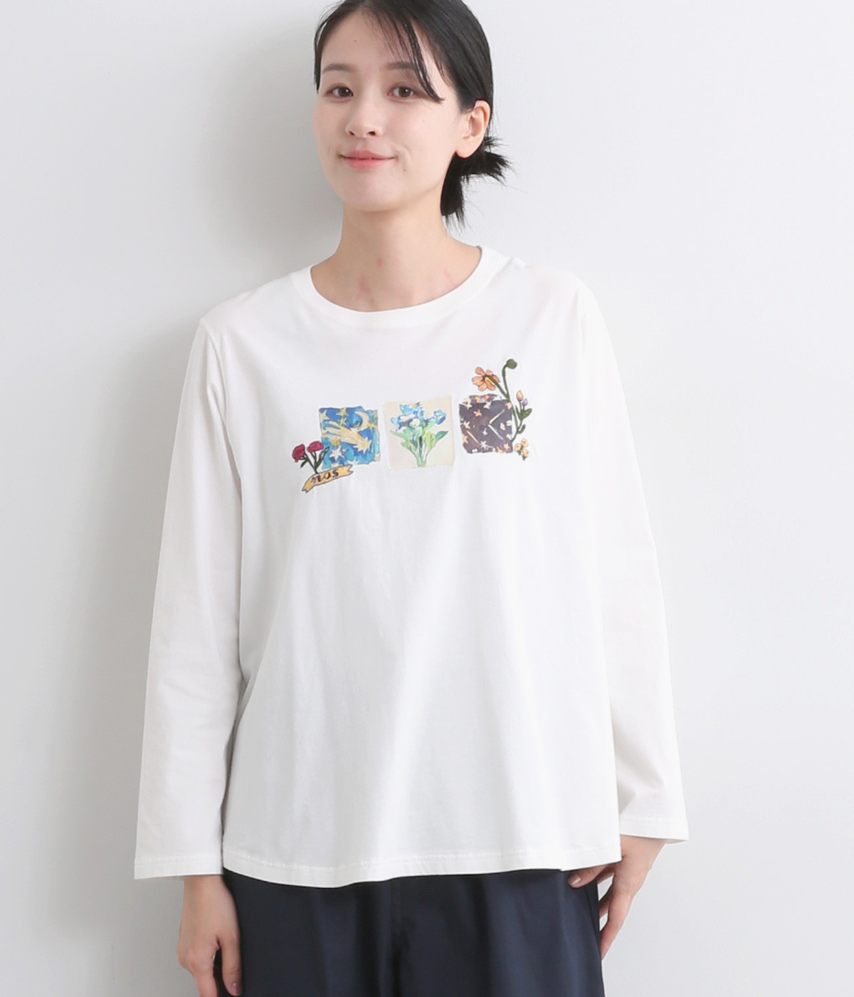 SUPER HAKKA×庄島歩音コットンシャーリング｢Flowers and Stars｣プリント+刺繍ロングスリーブカットソー(オフホワイト-ONESIZE)