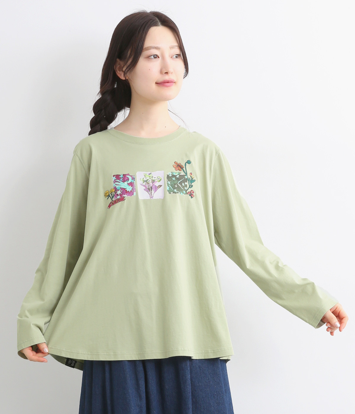 SUPER HAKKA×庄島歩音コットンシャーリング｢Flowers and Stars｣プリント+刺繍ロングスリーブカットソー(ライトグリーン-ONESIZE)