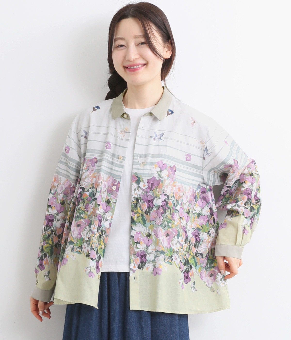 SUPER HAKKA×庄島歩音 コットンビエラ｢Flower field｣プリントAラインシャツブラウス(ベージュ-ONESIZE)