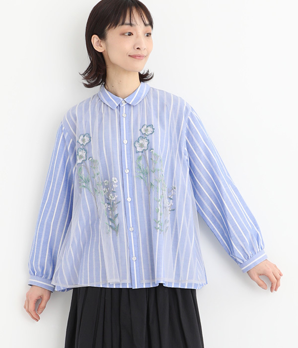 ローンストライプ×チュールドローイング刺繍シャツブラウス(ブルー-ONESIZE)