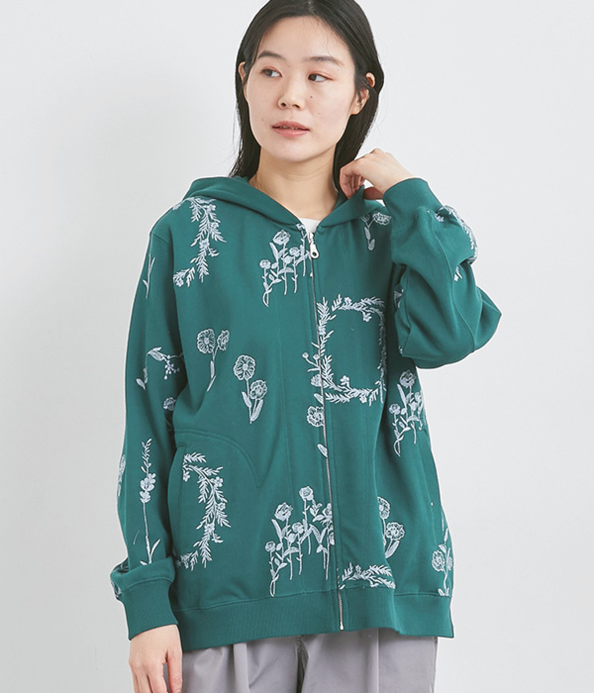 40/20裏毛 フラワーリース刺繍フーディ/パーカ(グリーン-ONESIZE)