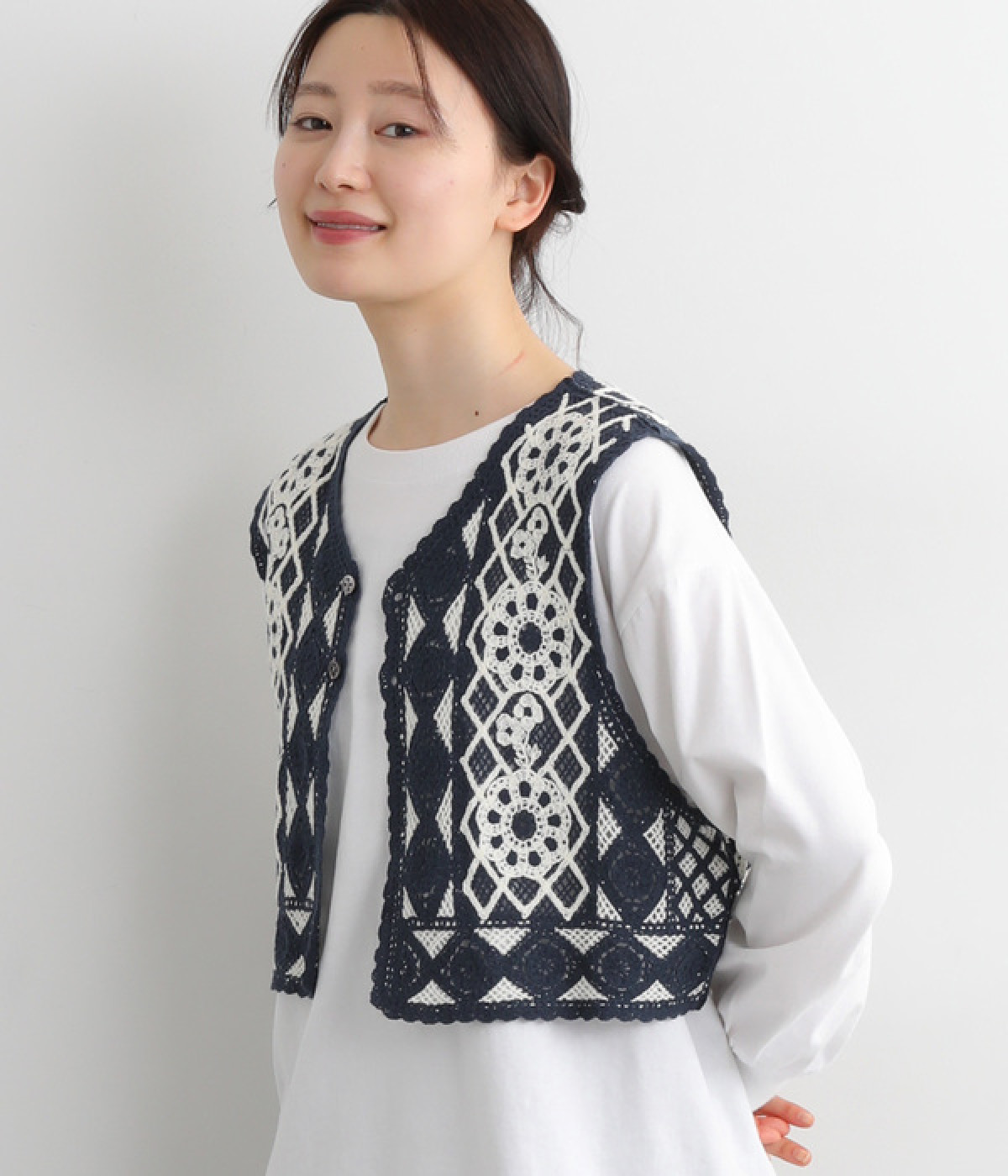 20/2コットン チェーンステッチフラワー刺繍バイカラーベスト(ネイビー-ONESIZE)