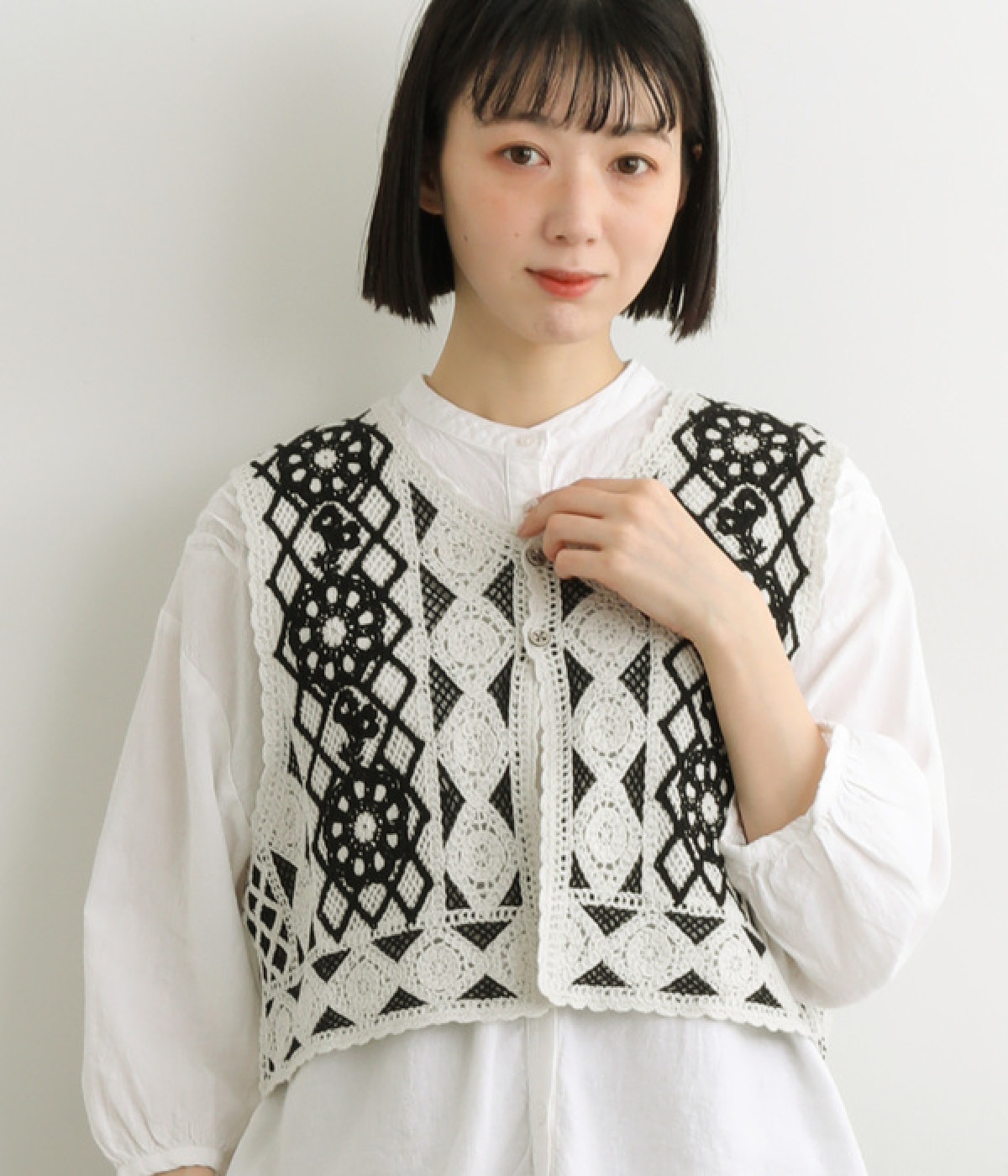 20/2コットン チェーンステッチフラワー刺繍バイカラーベスト(ライトグレー-ONESIZE)