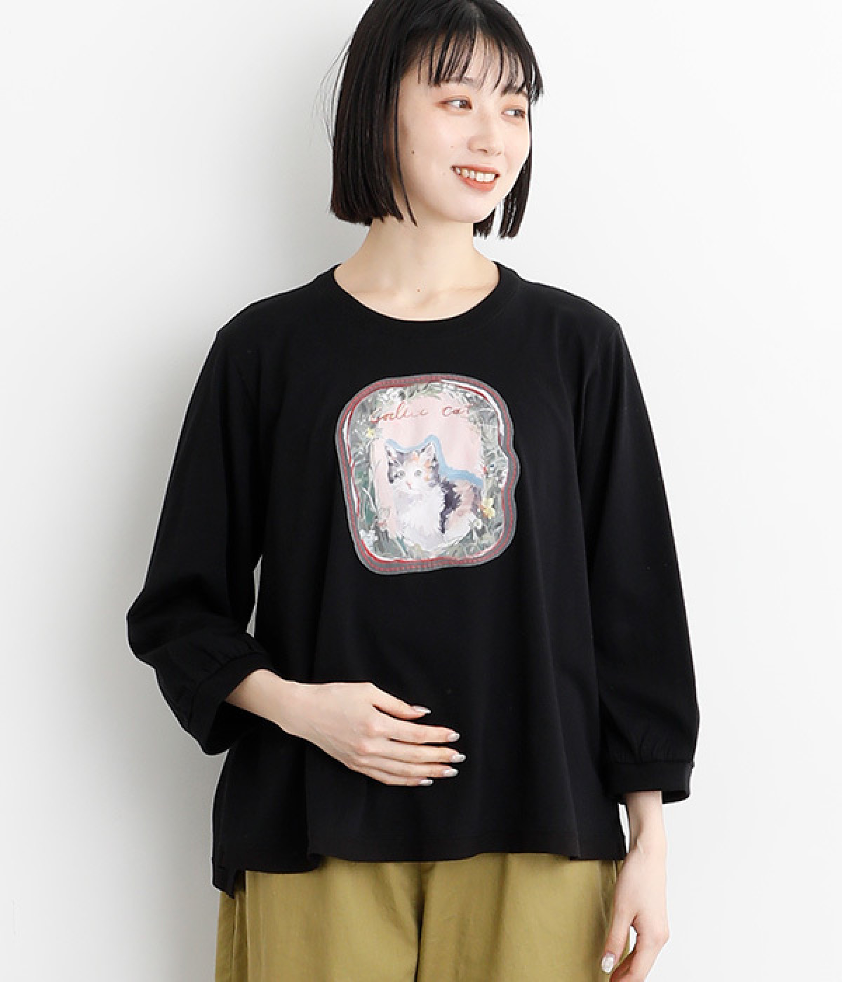 SUPER HAKKA×庄島歩夢30番手天竺｢Cats portrait｣プリント+ハンドステッチ刺繍ロングスリーブカットソー(ブラック-ONESIZE)