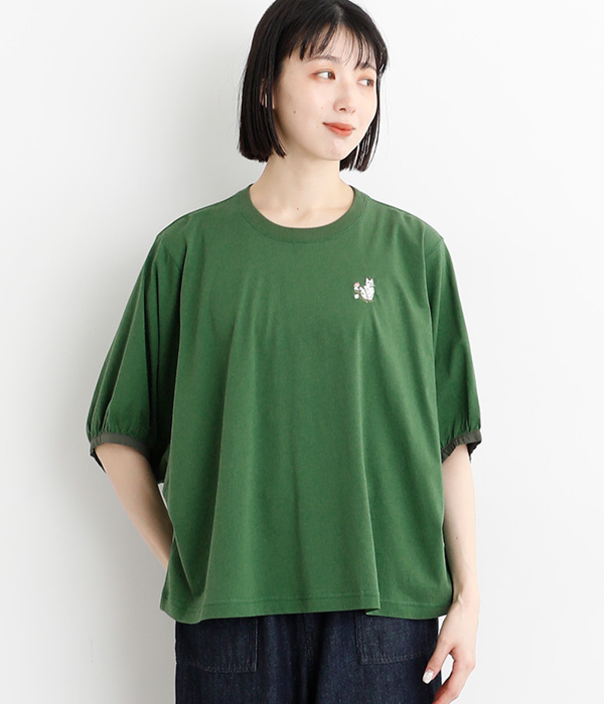 SUPER HAKKA×庄島歩夢30番手天竺｢Kitten｣ワンポイント刺繍ドルマンTシャツ(グリーン-ONESIZE)