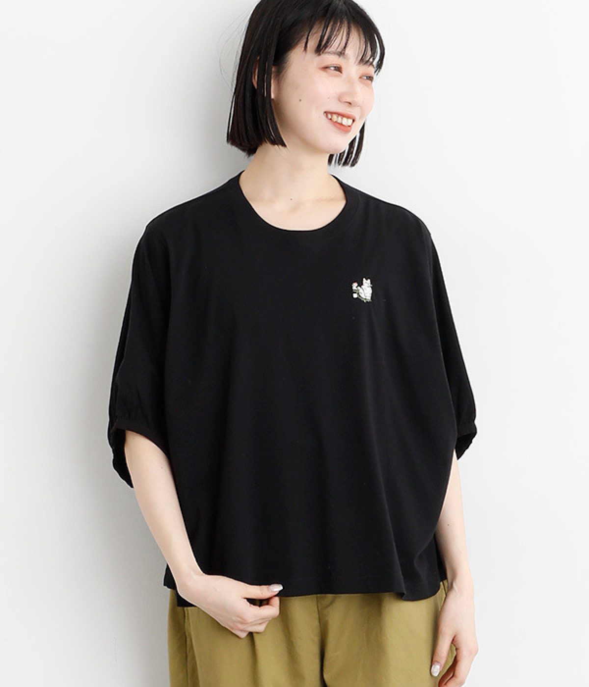SUPER HAKKA×庄島歩夢30番手天竺｢Kitten｣ワンポイント刺繍ドルマンTシャツ(ブラック-ONESIZE)