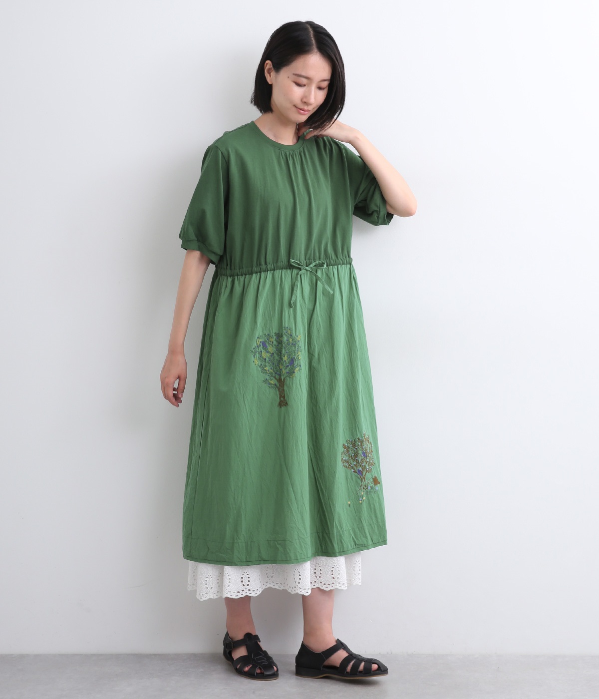 コットンローンワッシャーバードツリー刺繍×天竺ワンピース(グリーン-ONESIZE)