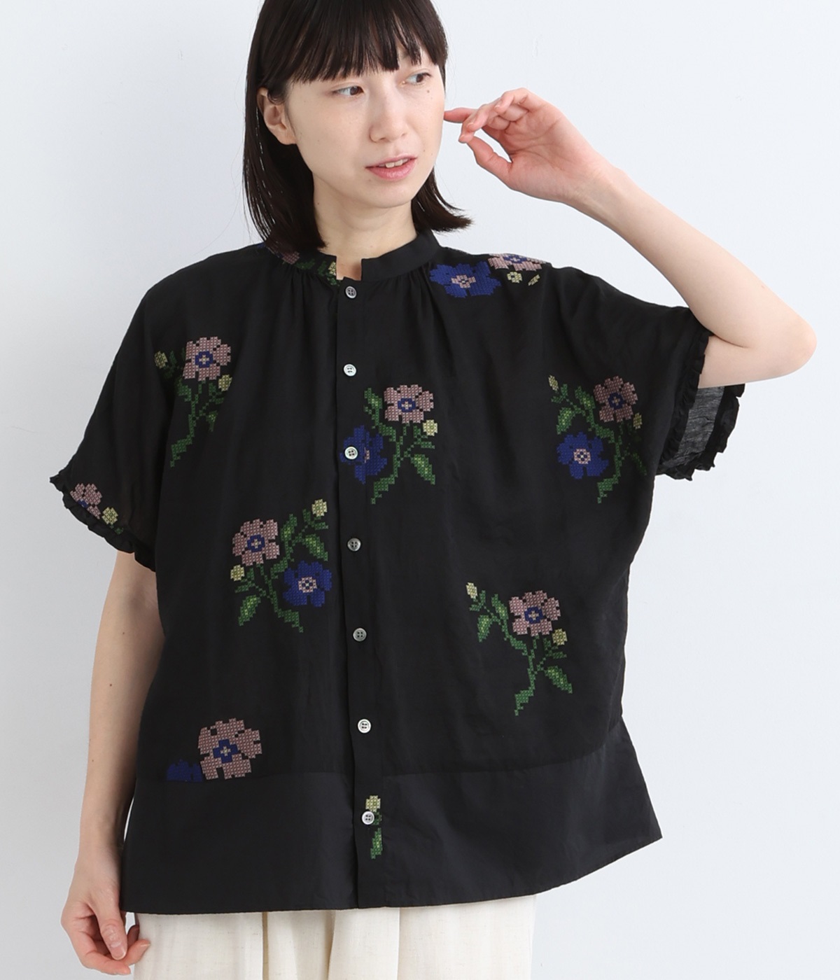 ツインフラワージャカード+コットンローンブラウス(ブラック-ONESIZE)