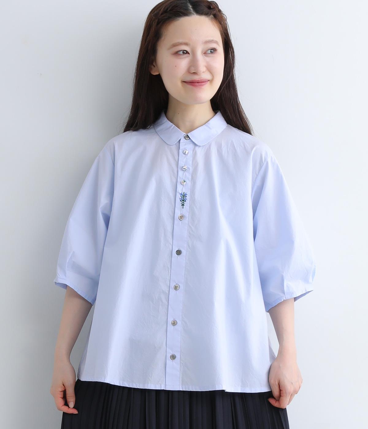 コットンローン+コットンリネンクロス小花プリントシャツブラウス(サックス-ONESIZE)