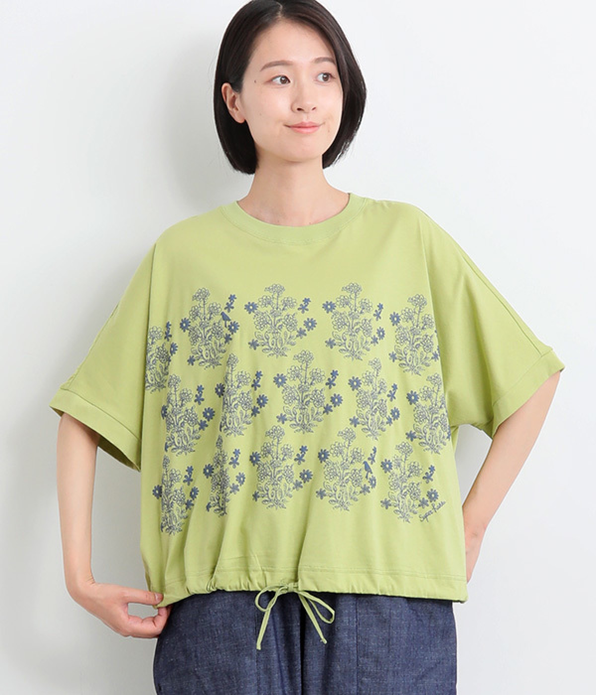 コットン天竺キャリコフラワー発砲プリントTシャツ(ライトグリーン-ONESIZE)