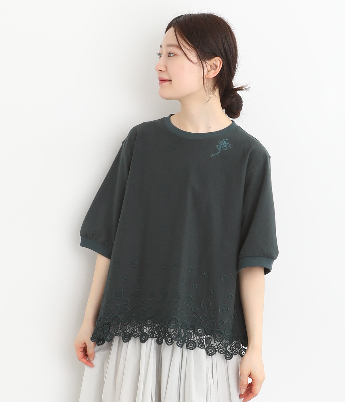 ミニ裏毛サークルスカラップケミカルレースTシャツ(グリーン-ONESIZE)