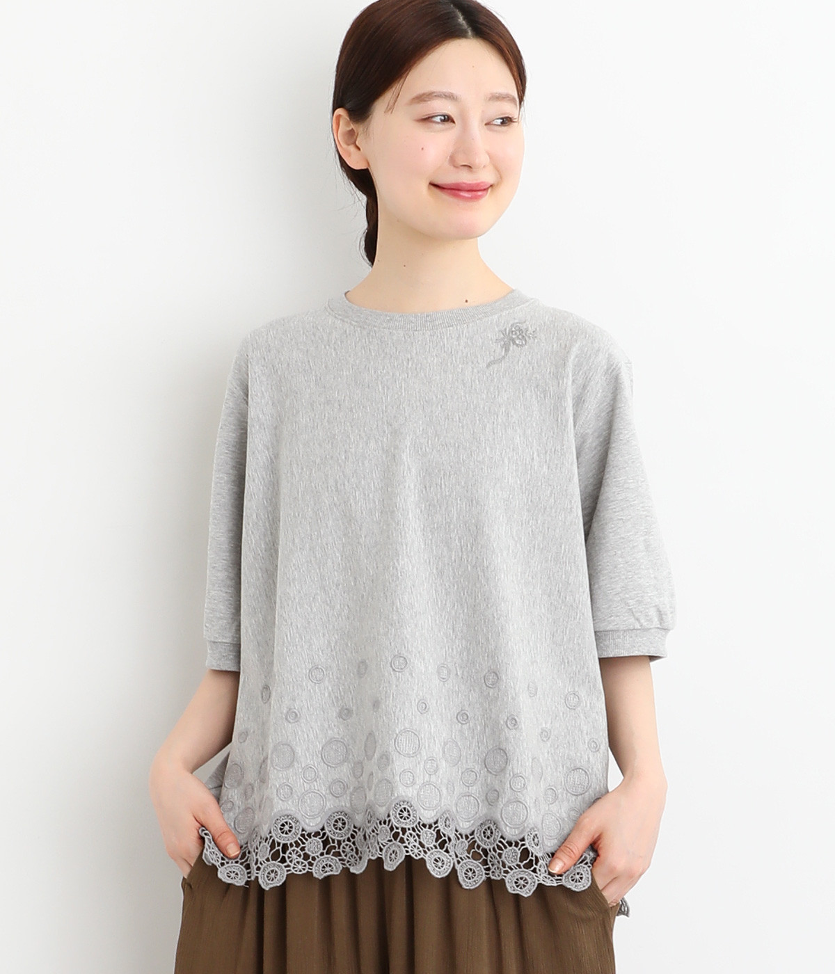 ミニ裏毛サークルスカラップケミカルレースTシャツ(杢グレー-ONESIZE)