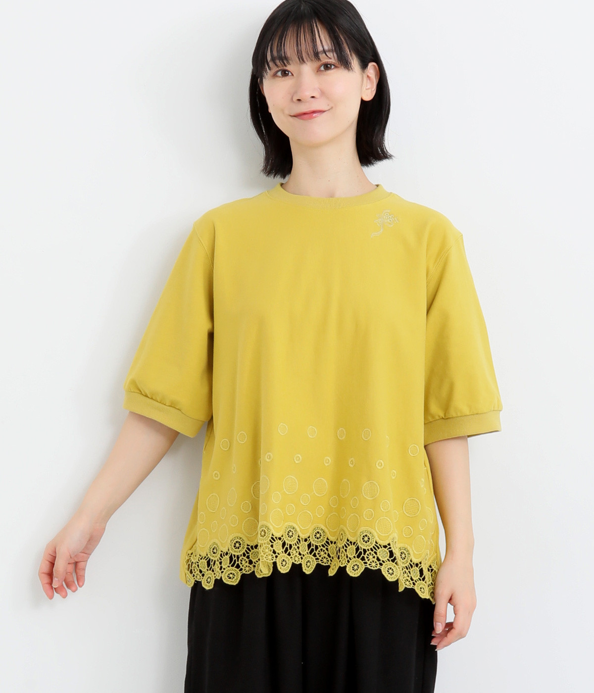 ミニ裏毛サークルスカラップケミカルレースTシャツ(イエロー-ONESIZE)