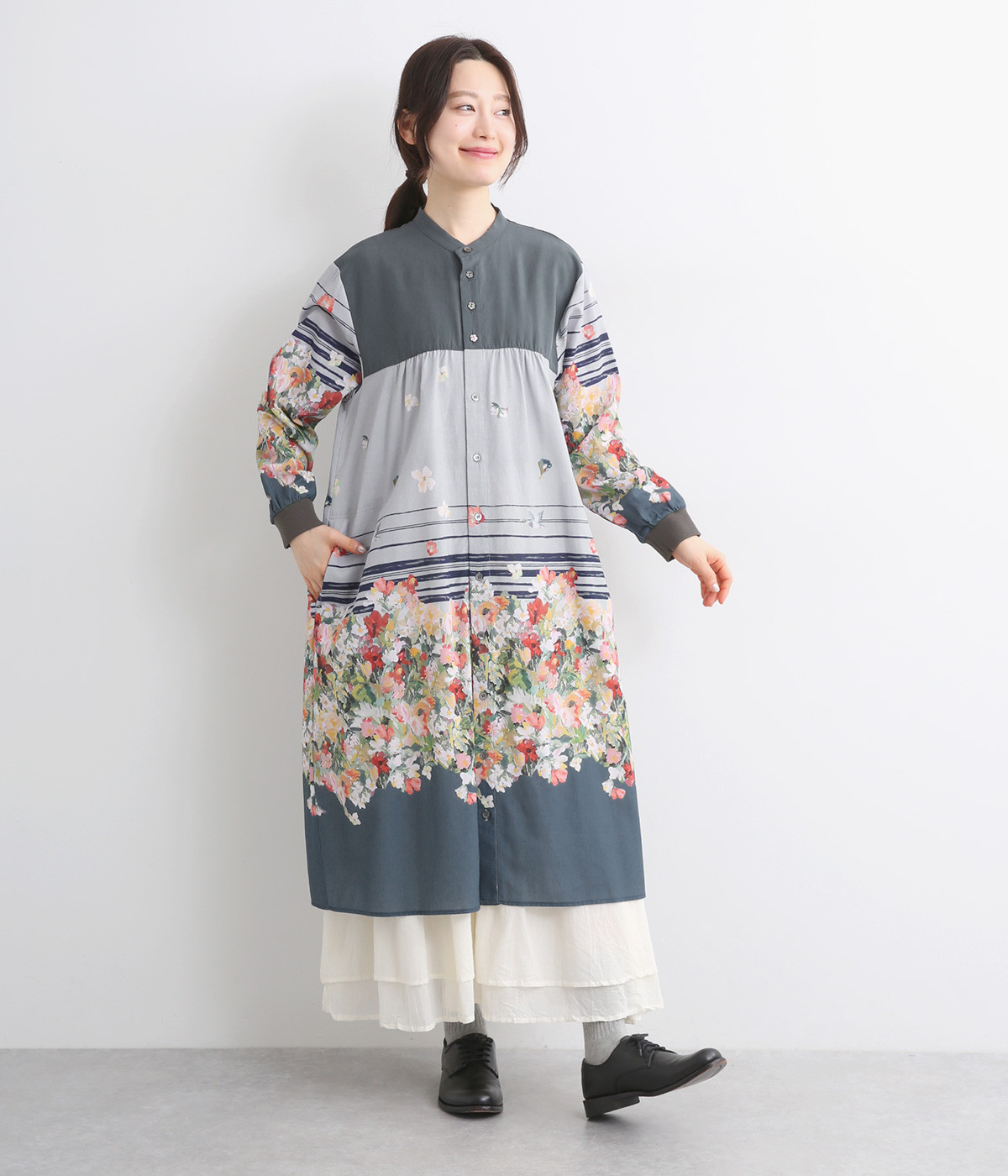 SUPER HAKKA×庄島歩音 コットンビエラ｢Flower field｣プリントワンピース(ネイビー-ONESIZE)